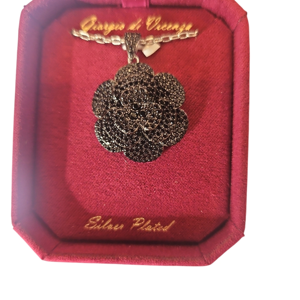 Giorgio Di Vicenga Woman Silver Plated Marcasite Black Rose Pendant Necklace